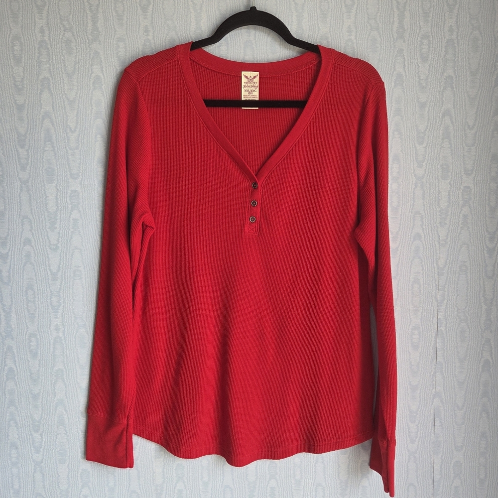 Waffle Knit Long Sleeve V Neck Stretch‎ Henley Top Red Basic Layering 2X